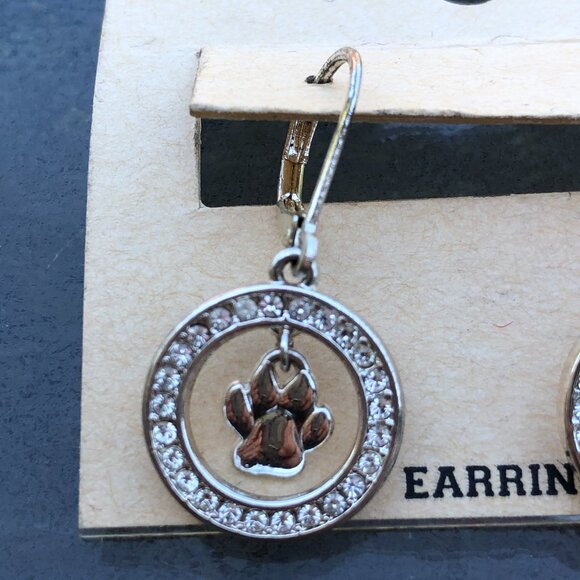 Pet Friends Dog Paw Print Gold Tone Faux Diamond Drop Dangling Earrings - Picture 6 of 6